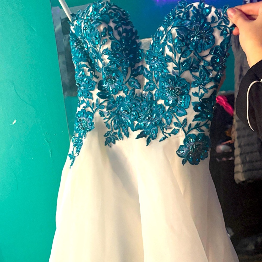 Terani Couture Teal Embroidered Strapless Gown